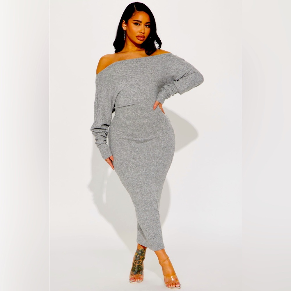 Fashion Nova Keeping it Cozy Maxi/Medi Heather Grey NWT